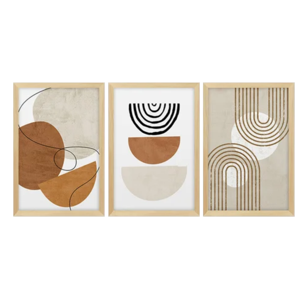 Kit 3 Quadros para Decoração Formas Minimalista Moderno Sala 50x70 com Moldura