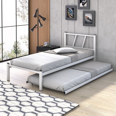 Cama Solteiro 100% Aço e Auxiliar Estilo Industrial:branco