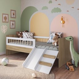Cama Infantil Montessoriana com Grade e Escorrega Affetto Marrom Branco - 2