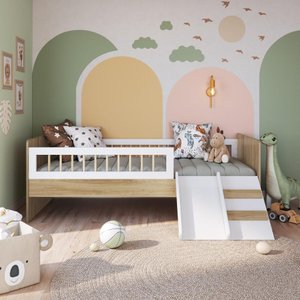 Cama Infantil Montessoriana com Grade e Escorrega Affetto Marrom Branco