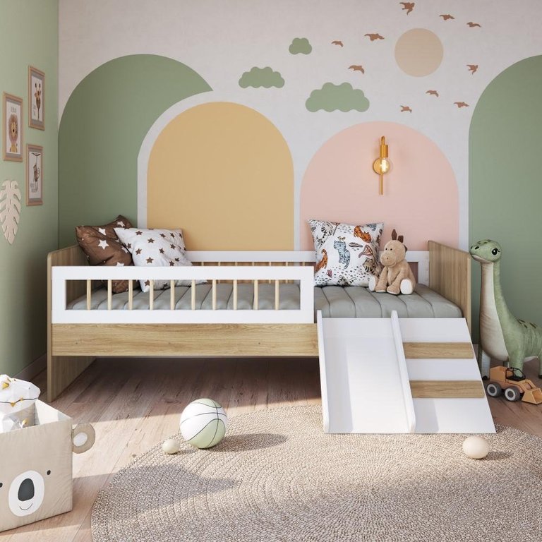 Cama Infantil Montessoriana com Grade e Escorrega Affetto Marrom Branco