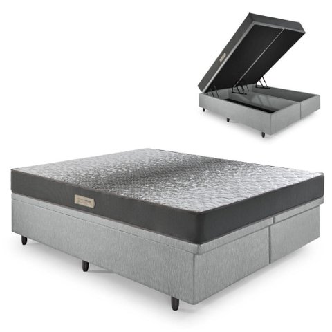 Cama Baú King 193x203 Courino Linho Cinza com Dual Firm Espuma Ecoflex