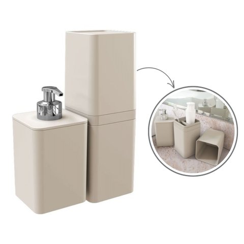 Kit Dispenser de Sabonete Líquido e Porta Creme Dental Stolf Smile Areia