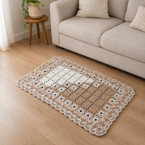 Tapete de Crochê Branco Marrom Artesanal 56x80 Sala Quarto