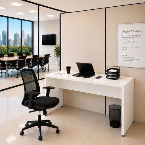 Conjunto Mesa de Escritório 140x60cm Cadeira Ergonômica Reclinável Sistema Syncron Pistão Classe 4