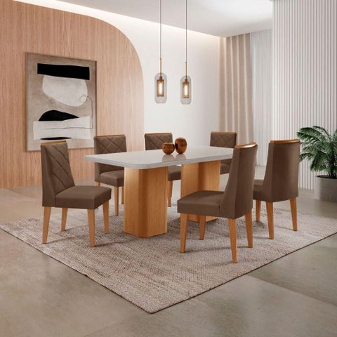 Mesa de Jantar Eloise 180cm Tampo Mdf com Vidro 6 Cadeiras Veludo Marrom Off White Naturale