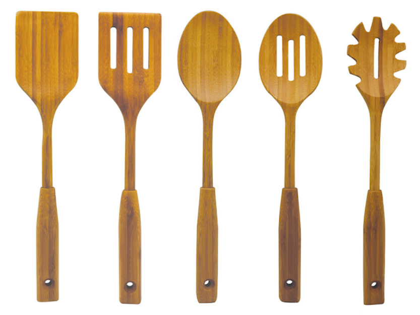 CONJ 5 UTENSÍLIOS COZINHA EM BAMBU NATURAL C/ CABO GRANDE - 1