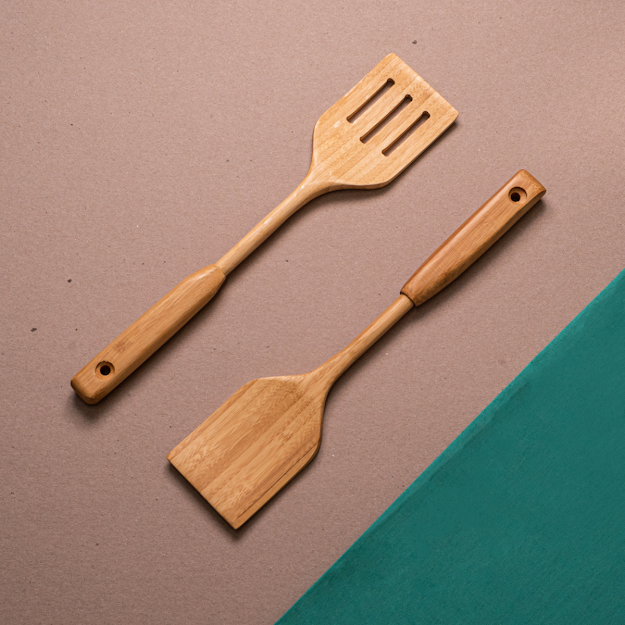 CONJ 5 UTENSÍLIOS COZINHA EM BAMBU NATURAL C/ CABO GRANDE - 5