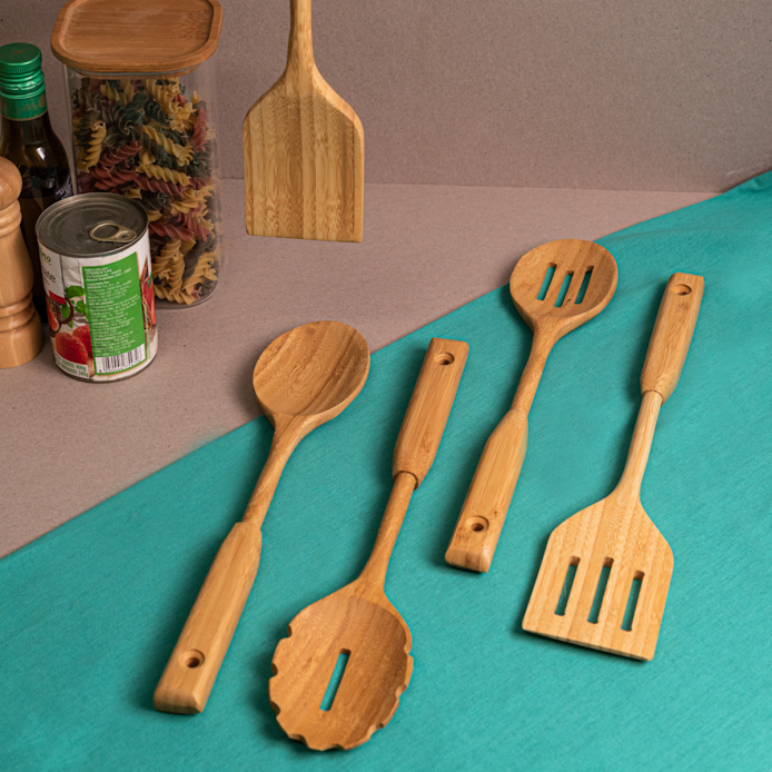 CONJ 5 UTENSÍLIOS COZINHA EM BAMBU NATURAL C/ CABO GRANDE - 2