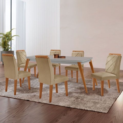Mesa de Jantar Copper 180cm Tampo Mdf Vidro Canto Copo e 6 Cadeiras Melissa