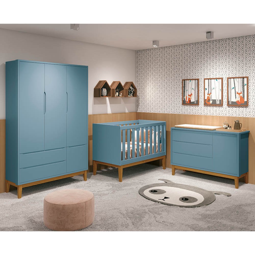 Berço Mini Cama Noah Square com Pés em Madeira – Azul - 3