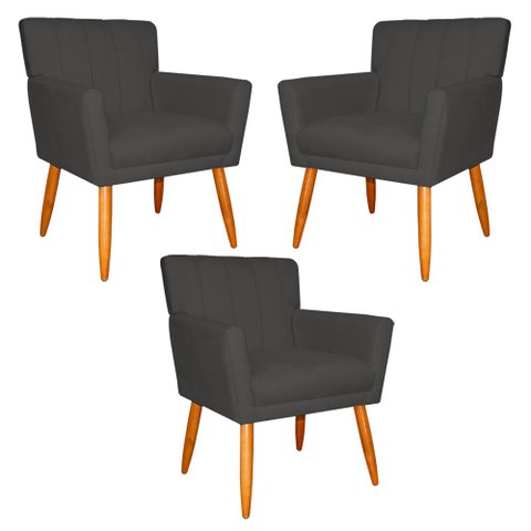 Kit 3 Poltronas Decorativa para Sala de Estar Cecília Suede Cinza - Montanaris Decor Md Montanaris D