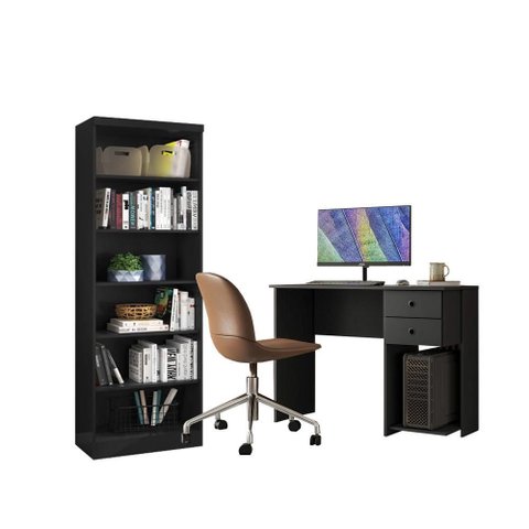 Escritório com Escrivaninha 2 Gavetas e Livreiro Preto - Fdecor