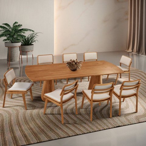 Sala de Jantar Mesa Noronha 220cm Madeira Tampo Barril Laminado com 8 Cadeiras Eva