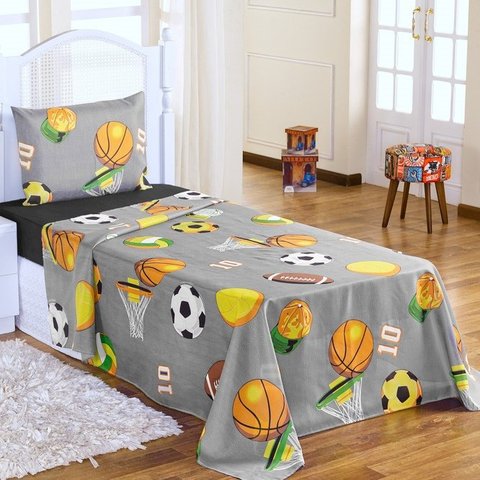 Jogo De Cama Lençol Solteiro Infantil 3 Pecas - Futebol Cinza Enxovais Aquarela