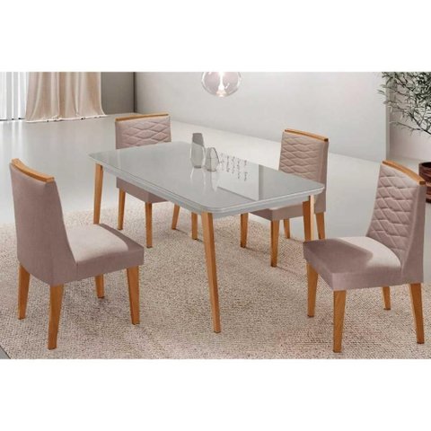 Sala de Jantar Completa Havana C/ Tampo Madeirado C/ Vidro Canto Curvo 120x80cm e 4 Cadeiras