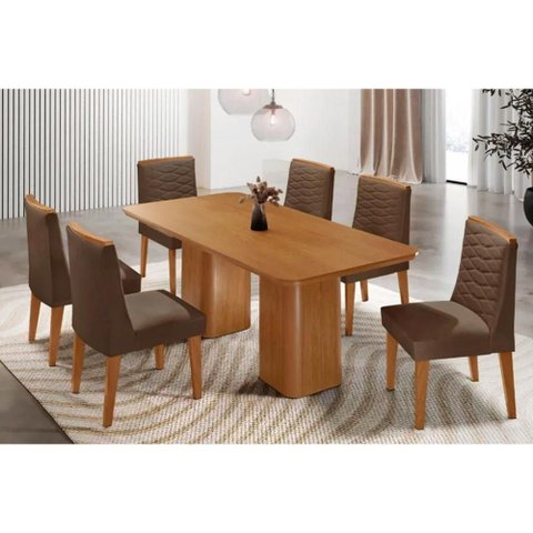 Sala Jantar Mesa Maldivas Tampo Curvo 180cm+6 Cadeiras Maldivas Madeira Naturale - Capuccino/suede