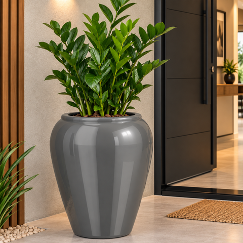 Vaso de Fibra de Vidro Bali U 71cm Vitrificado Grande Cinza Escuro