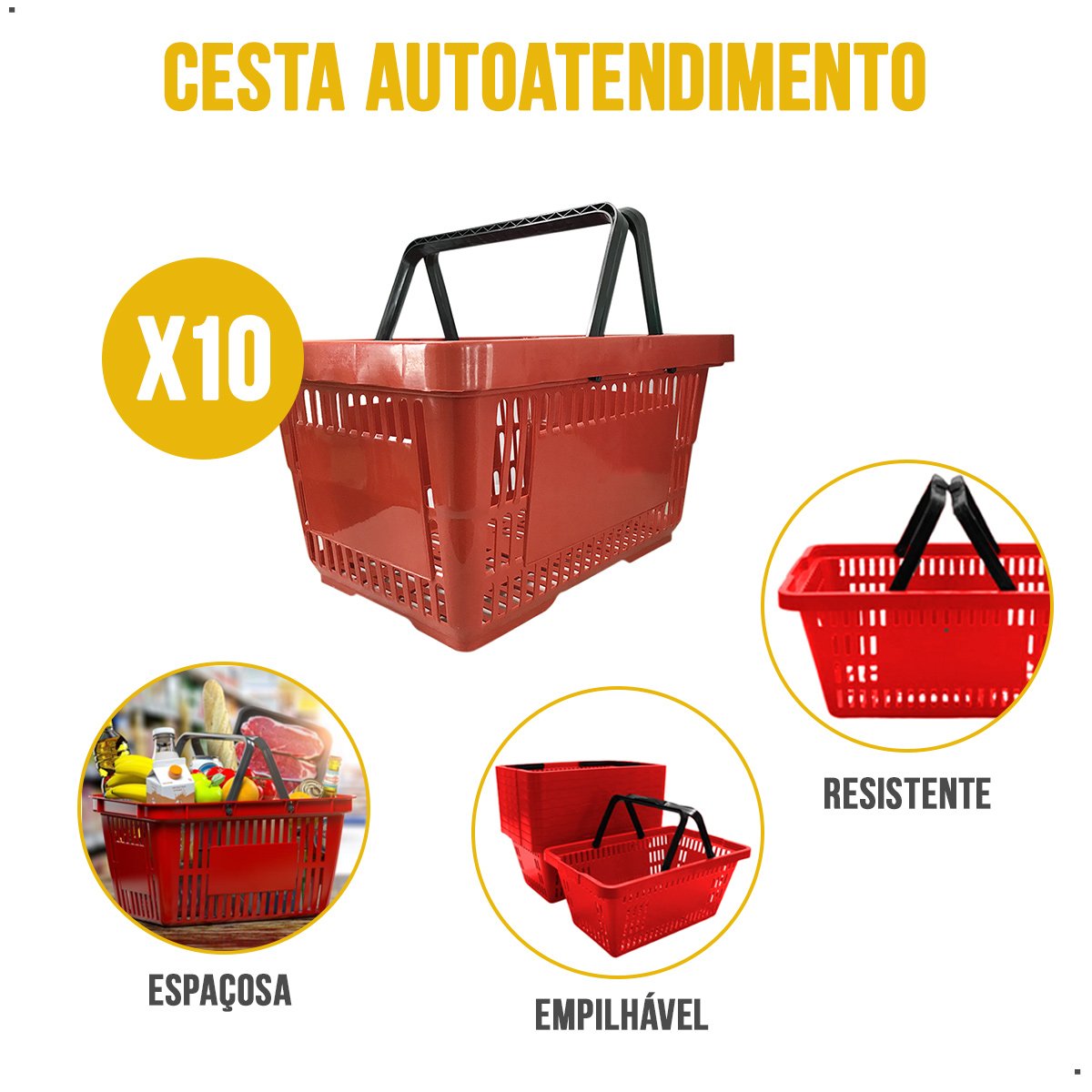 Kit com 10 Cestas de Compras Mercado Loja Vermelho - 4