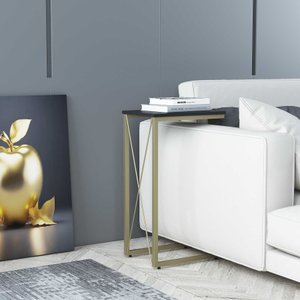 Mesa Lateral Sofá Xis Aço Carbono Base Dourada Light Tampo Preto