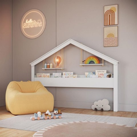 Livreiro Infantil com Moldura de Casinha 2,0m Prateleiras Suspensas Cor:Branco