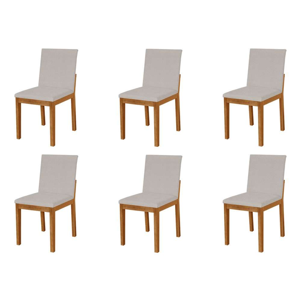 Kit 6 Cadeiras de Jantar Pérola Estofado Liso Linho Bege Base Madeira Maciça Mel
