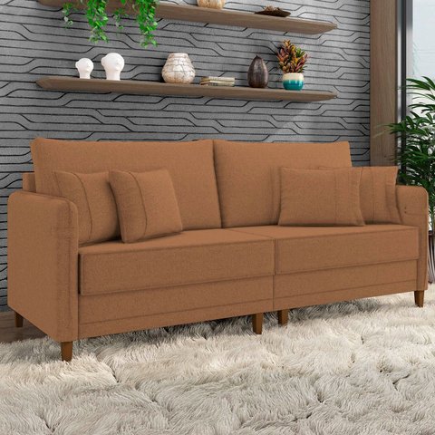 Sofá 3 Lugares Living 192cm Pé Madeira Zoe Linho Terracota Z08 - Mpozenato