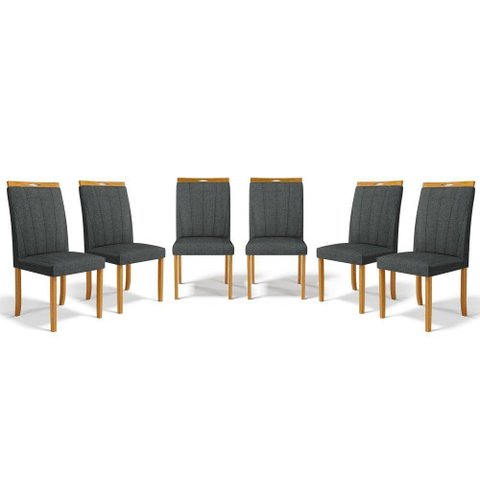 Kit com 6 Cadeiras Aurora Madeira Maciça Estofadas para Mesa de Jantar Linho Chumbo 406