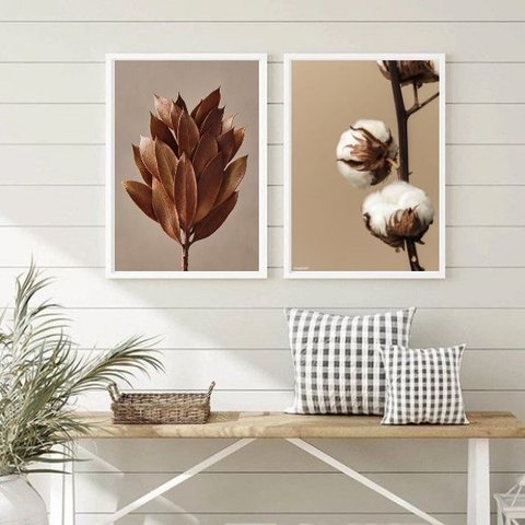 Kit 2 Quadros Decorativos Flores Modernas Marrom 45x34cm:madeira Preta