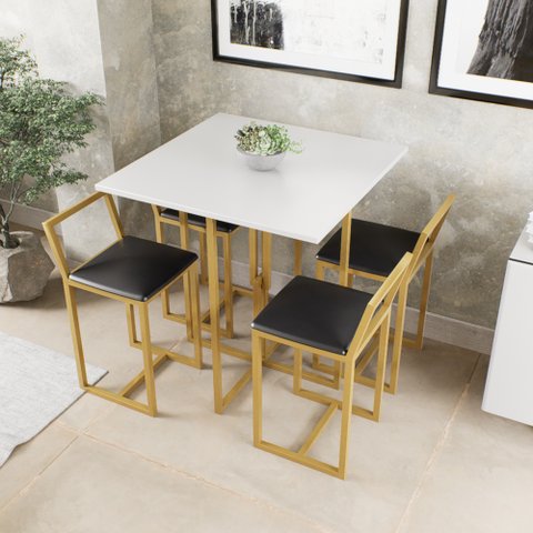 Conjunto Mesa Branca 4 Cadeiras Pequena Estofado Industrial Dourado Don Castro Decor