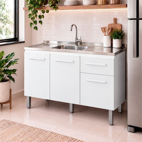 Balcão 120cm Anita 03 Portas e 01 Gaveta com Pia e Cuba Ghelplus Branco Moblis
