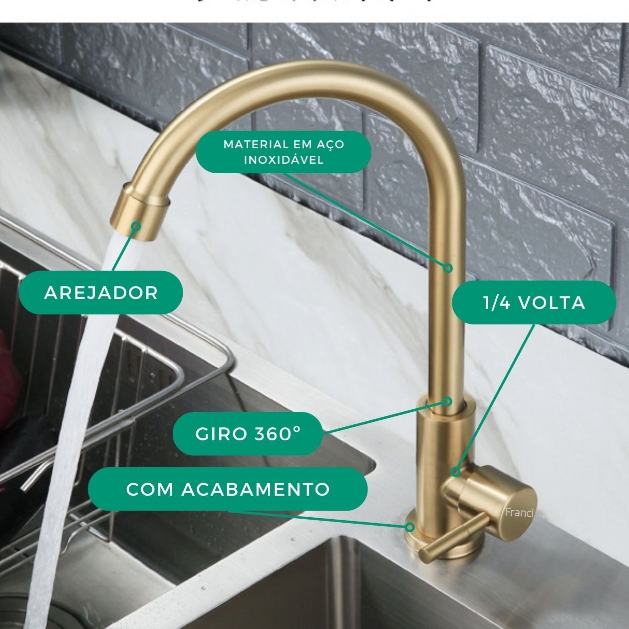 Torneira Bancada Alta Banheiro Cozinha com Pescoço U Cor Dourado Fosco e Giro de 360 - Modelo Pará - - 7