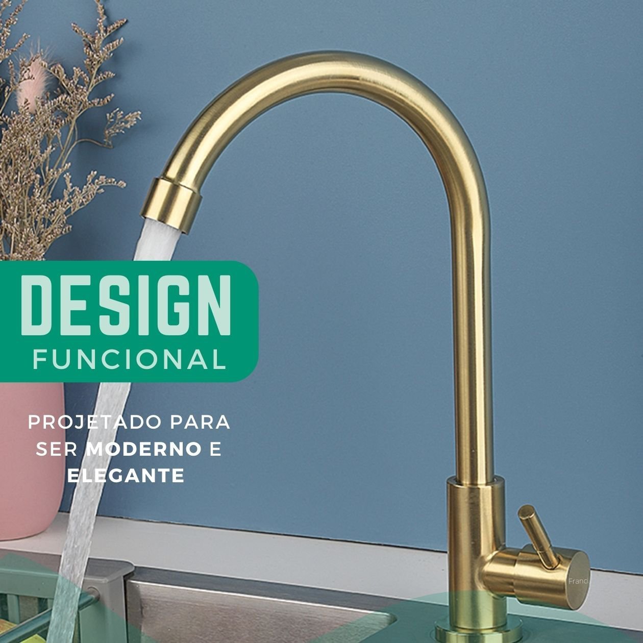 Torneira Bancada Alta Banheiro Cozinha com Pescoço U Cor Dourado Fosco e Giro de 360 - Modelo Pará - - 4