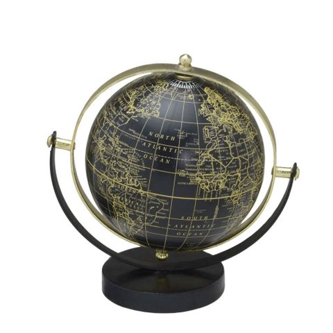 Globo Terrestre Decorativo em Metal e Mámore Preto e Dourado 18cm 15552-pl