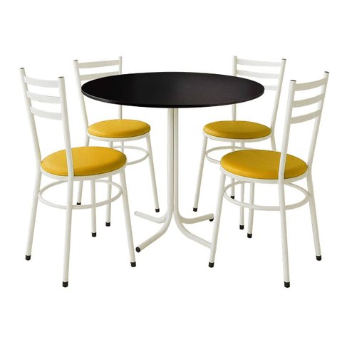 Mesa de Jantar Redonda 80cm Preta com 4 Cadeiras Estofada Branca