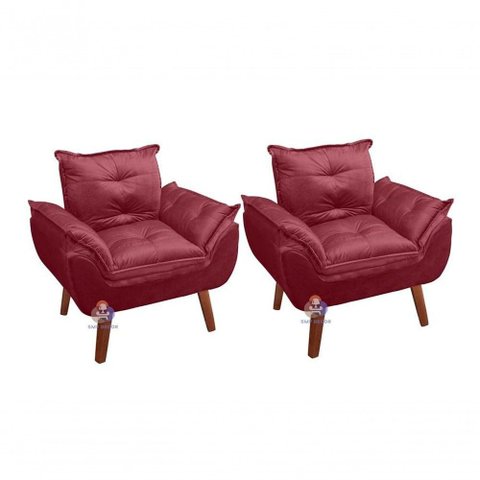 Kit 02 Poltrona/cadeira Decorativa Glamour com Pés Quadrado Vinho / Bordô