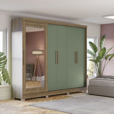 Guarda Roupa Casal 5 Portas 4 Gavetas C/espelho e Pés Cb01n564 Kappesberg - Nogueira/verde Oliva