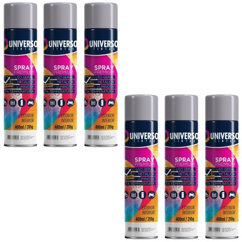Tinta Spray 400ml Cinza Uso Geral em Aço Ferro Gesso Cerâmica Couro | Universo | Kit 06 Un