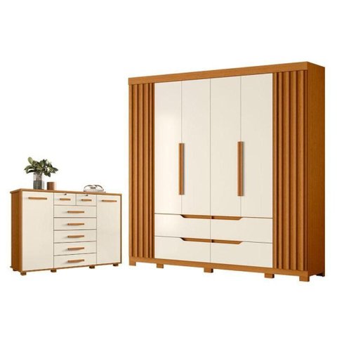 Kit Guarda Roupa Doble 6 Portas Cômoda Fontana 7 Gavetas MDP Off White