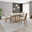 Ver imagem 1 de Conjunto Sala Jantar Mesa Natalí 120cm Canto Arredondado com Vidro 4 Cadeiras Pietra Off White/Nature/Caramelo/Creme
