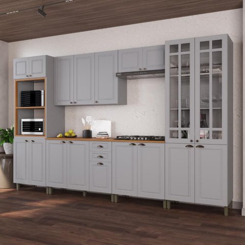 Armário de Cozinha Modulada Completa Fidelitá Nara 100% MDF 6 Peças 350cm 18 Portas 2 Gavetas com