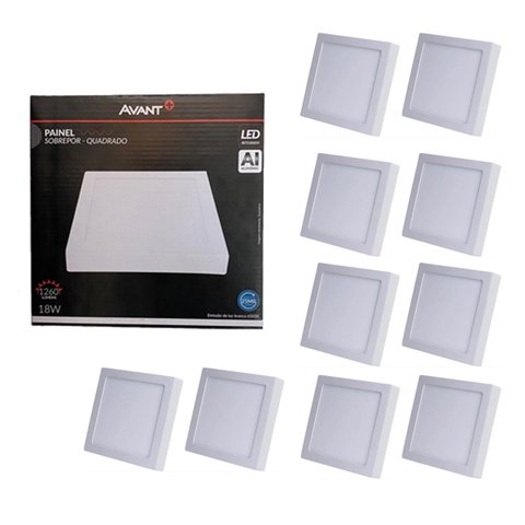 Kit 10 Painel de Led Avant Sobrepor Alumínio Quadrado 22x22cm 18W Bivolt 6500 K - Branco Frio