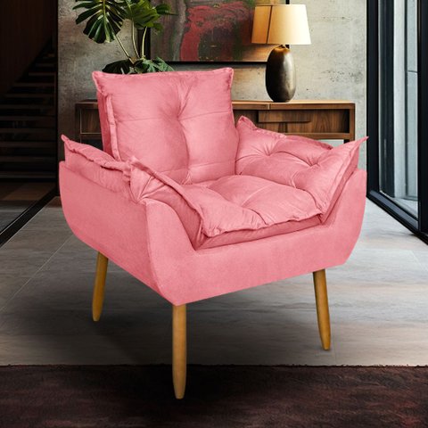 Poltrona Opala para Sala Clínica Salão Pés de Madeira Suede Rosa
