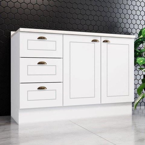 Balcão Pia 120cm 100% MDF 02 Portas e 03 Gavetas com Tampo Branco HP/Calcare Americana