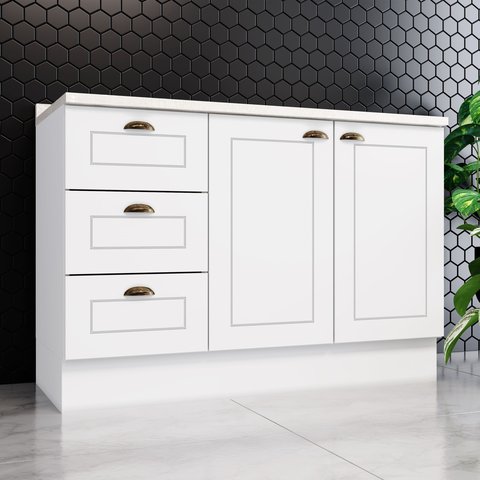 Balcão Pia 120cm 100% MDF 02 Portas e 03 Gavetas com Tampo Branco HP/Calcare Americana