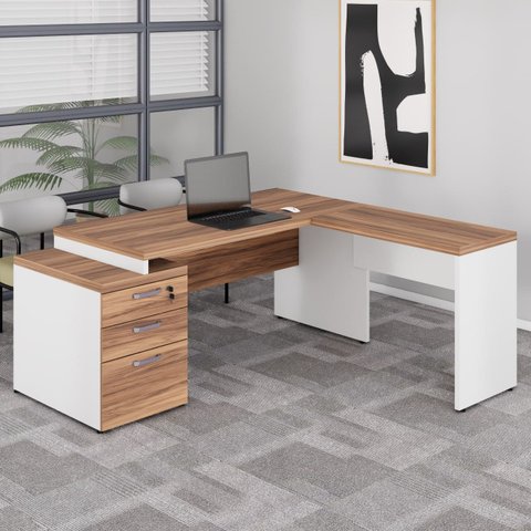 Mesa para Escritório em L com Gavetão, 1,92x1,60m, Nogal Sevilha / Champanhe