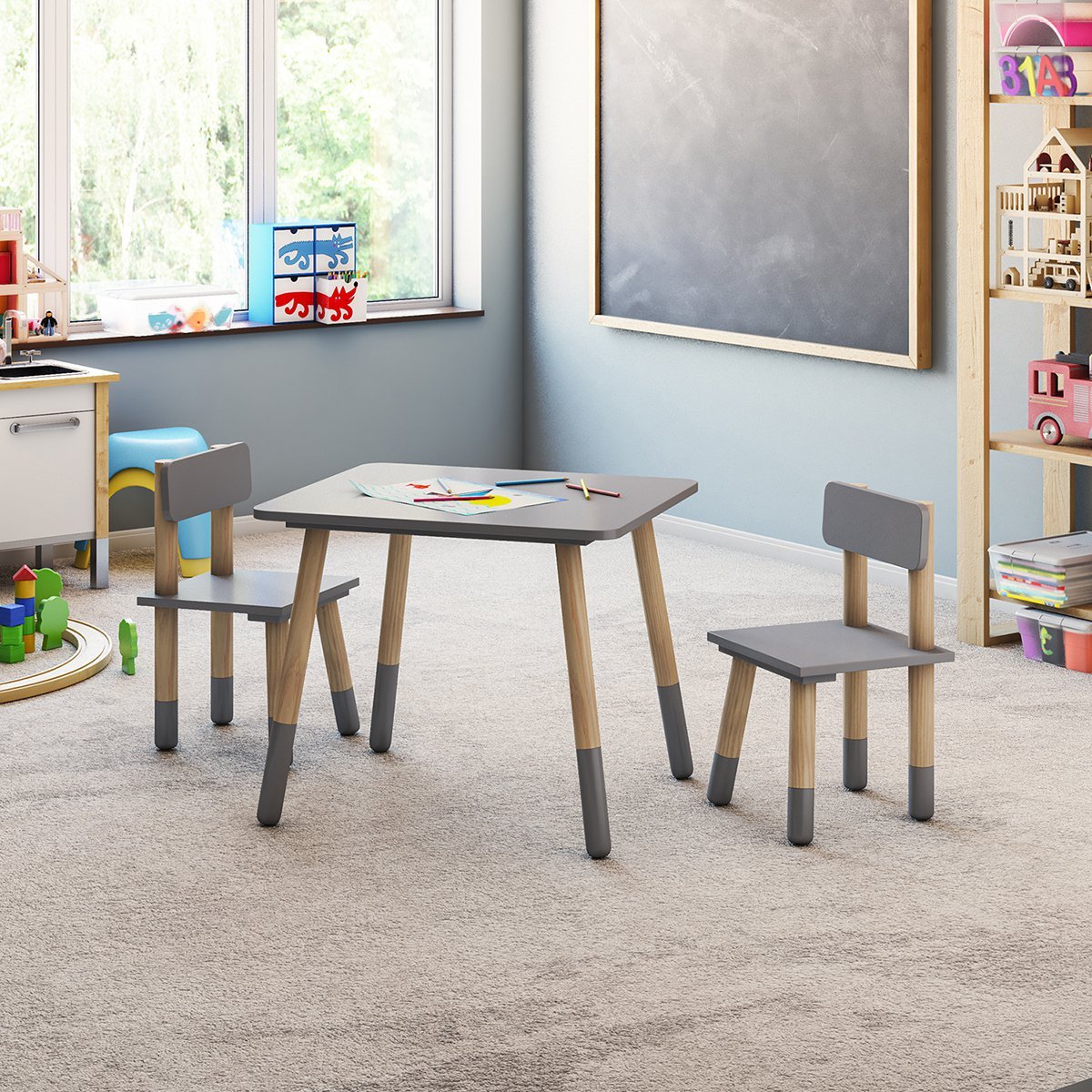 Conjunto Mesa Infantil 2 Cadeiras Colorir-Meble Móveis- Cinza