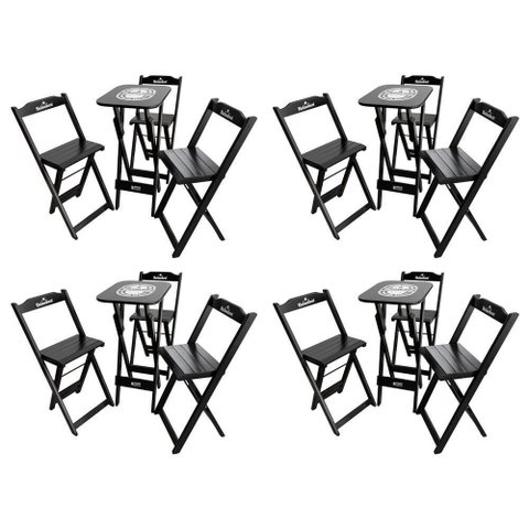 Kit 4 Conjuntos Bistrô Mesa com 3 Banquetas Dobráveis de Madeira Personalizada Hei - Preta