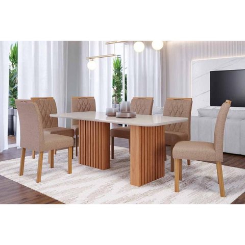 Sala de Jantar Completa Ester Tampo Madeirado C/ Vidro 180x90cm e 6 Cadeiras Juliana Cinamomo/off