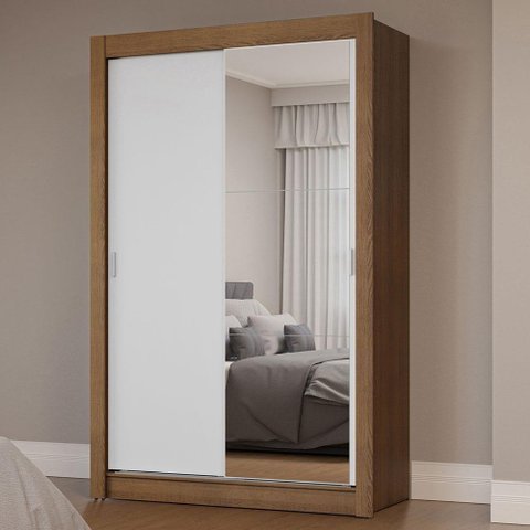 Guarda-roupa Solteiro 2 Portas de Correr com Espelho Rustic/branco Milano Madesa Rustic/branco